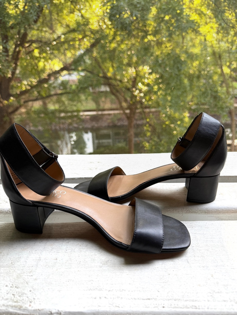 Franco Sarto Black Leather Rosalina Ankle Strap Block Heel Sandals Size 7M